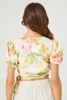 Women's Floral Short-Sleeve Wrap Crop Top in White Medium