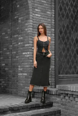 Women's Frayed M-Slit Maxi Skirt in Black, XS