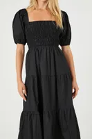 Women's Tiered Puff-Sleeve Midi Dress in Black, XS