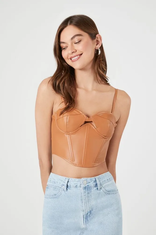 Faux Leather Zip Back Bustier Crop Top - Black