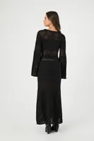 Women's Open-Knit Bell-Sleeve Sweater Dress in Black Small