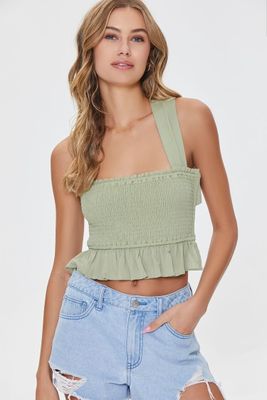 Women's Smocked Crisscross Crop Top in Green Large