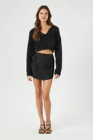 Women's Hooded Fuzzy Knit Cropped Sweater in Black Medium