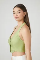 Women's Button-Front Halter Crop Top in Sage Large