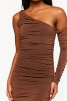 Women's Ruched One-Shoulder Mini Dress in Brown, XS