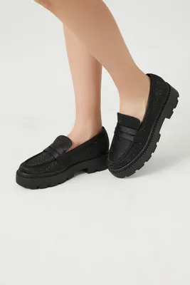 Women's Rhinestone Lug-Sole Loafers Black,