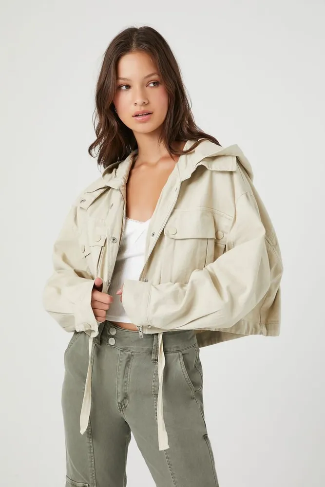 Women's Hooded Drawstring Twill Jacket in Tan Medium