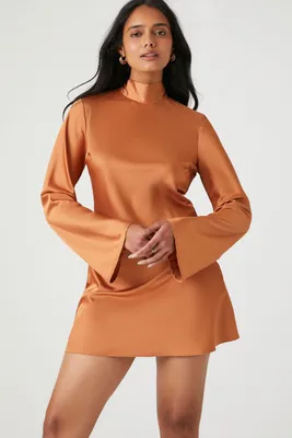 Women's Satin Mock Neck Mini Dress in Praline Small