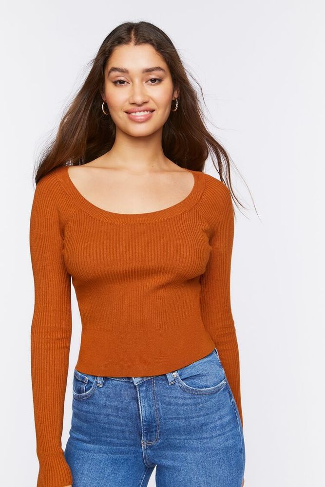 Women's Ribbed Scoop-Neck Sweater in Chocolate Medium