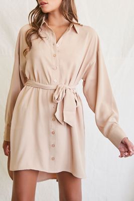 Women's Tie-Waist Shirt Dress in Taupe Small