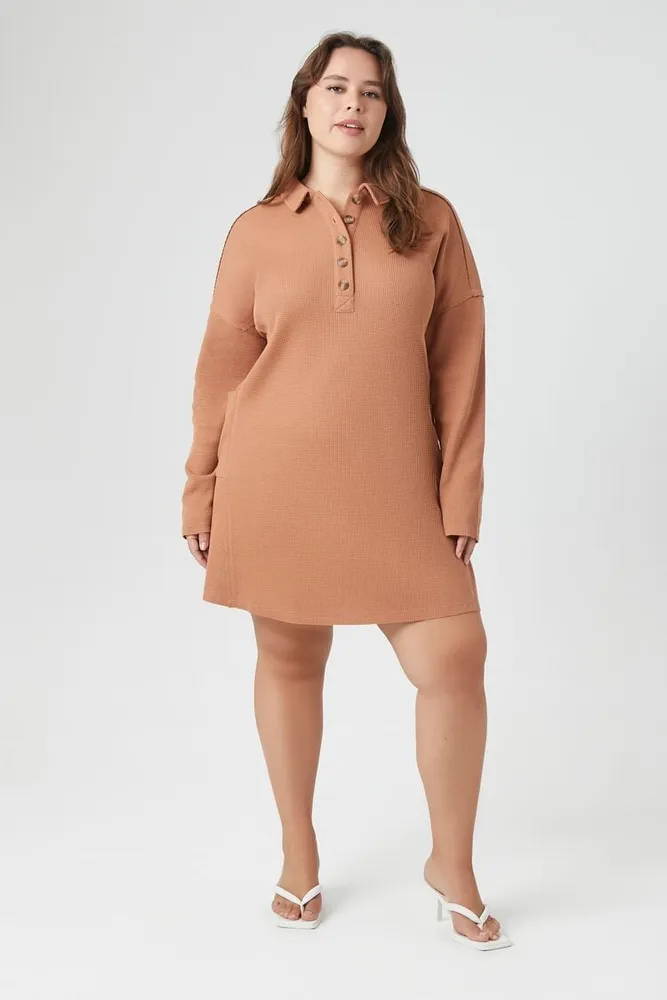 Women's Waffle Knit Shirt Mini Dress in Camel, 2X