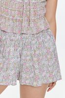 Women's Smocked Floral Print Shorts in Cream Small