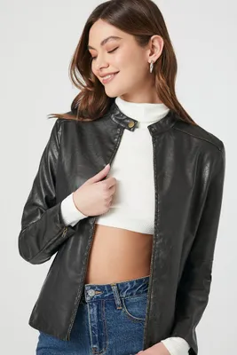 Women's Faux Leather Zip-Up Jacket in Charcoal Large