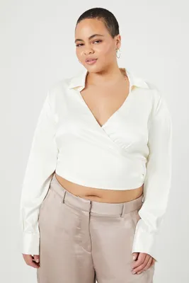 Women's Satin Surplice Crop Top in Vanilla, 1X