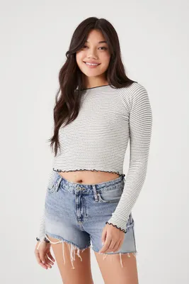 Women's Striped Lettuce-Edge Crop Top in Vanilla/Navy, XL