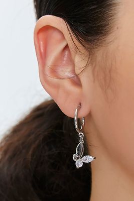 Women Butterfly Hoop Drop Earrings in Silver/Clear
