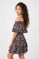 Women's Floral Off-the-Shoulder Mini Dress in Black, XS