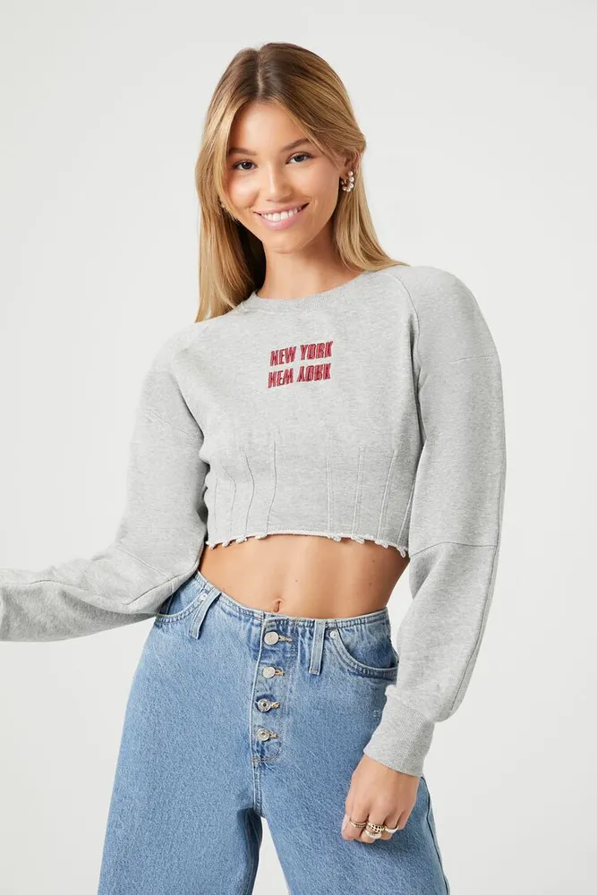 Women's Embroidered New York Crop Top in Heather Grey Medium