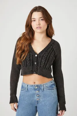 Women's Cropped Mineral Wash Cardigan Sweater in Black Large
