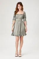 Women's Polka Dot Puff-Sleeve Mini Dress in Olive Medium