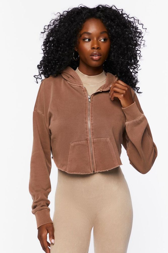 cropped brown zip up hoodie