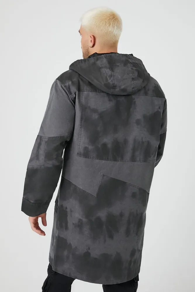 Men Hooded Tie-Dye Trench Coat in Dark Grey/Black Large
