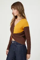 Women's Twisted Colorblock Cropped Sweater in Brown Large