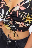 Women's Tropical Print Puff-Sleeve Top in Black Small