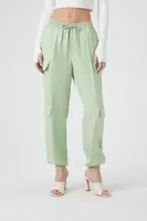 Women's Satin Mid-Rise Cargo Pants in Sage Large