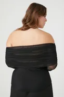 Women's Mesh Off-the-Shoulder Top in Black, 3X