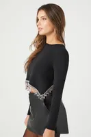 Women's Faux Gem Open-Back Sweater in Black Large