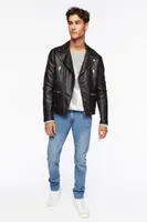 Men Faux Leather Moto Jacket in Black Large