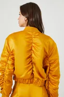 Women's Ruched Satin Cropped Bomber Jacket in Gold Small