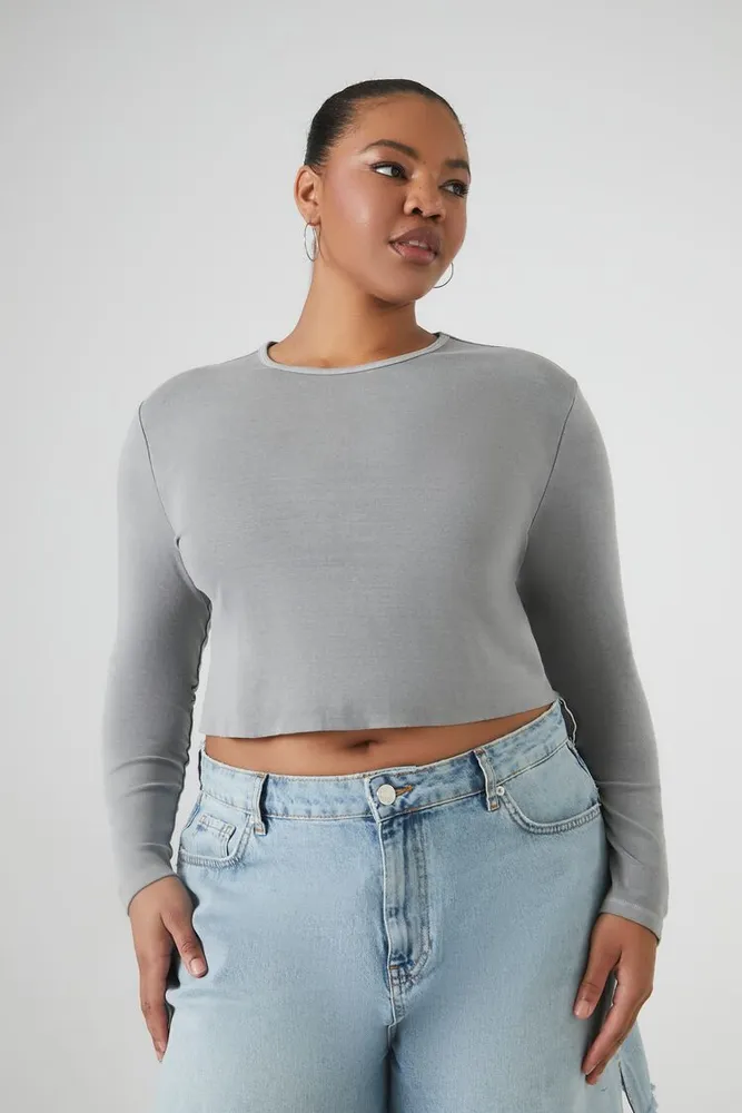 Women's Long-Sleeve Crop Top in Dark Grey, 0X