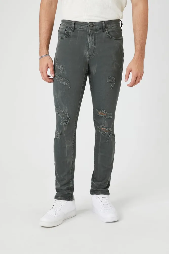 Men Distressed Mid-Rise Skinny Jeans Sea Green,