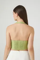 Women's Button-Front Halter Crop Top in Sage Large