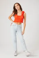 Women's Ruffle Shirred Crop Top in Bright Orange Medium