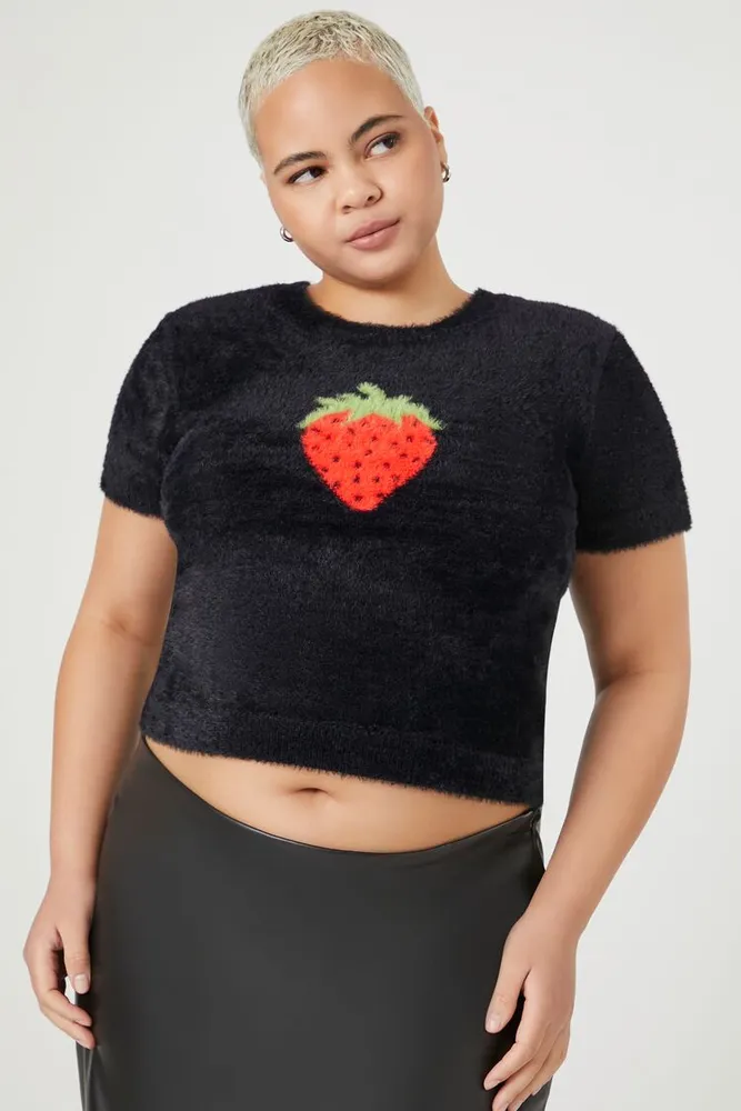 Women's Strawberry Sweater-Knit T-Shirt in Black/Red, 2X