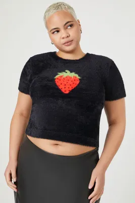 Women's Strawberry Sweater-Knit T-Shirt in Black/Red, 1X