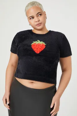 Women's Strawberry Sweater-Knit T-Shirt in Black/Red, 3X