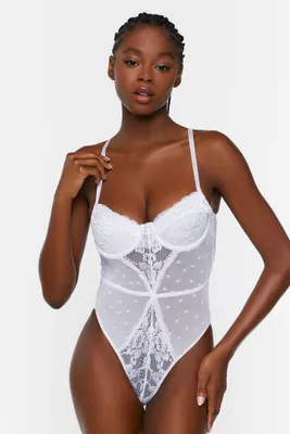 Women's Eyelash Lace Lingerie Bodysuit White