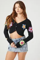 Women's Cropped Floral Cardigan Sweater in Black Medium