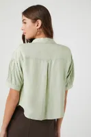 Women's Pleated Puff-Sleeve Shirt in Sage, XL