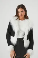 Women's Cropped Faux Fur Denim Jacket in Black/White Small