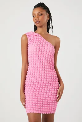 Women's Quilted One-Shoulder Mini Dress in Bubble Gum Large