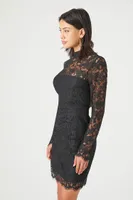 Women's Lace Mock Neck Bodycon Mini Dress in Black Small