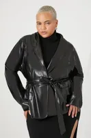 Women's Faux Leather Belted Trench Coat in Black, 3X