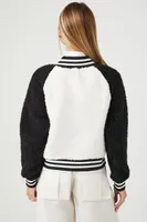 Women's Faux Shearling Varsity Bomber Shacket in Black/White Large