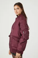 Women's Oversized Zip-Up Bomber Jacket in Wine Large