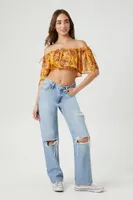 Women's Off-the-Shoulder Floral Flounce Crop Top in Yellow Medium